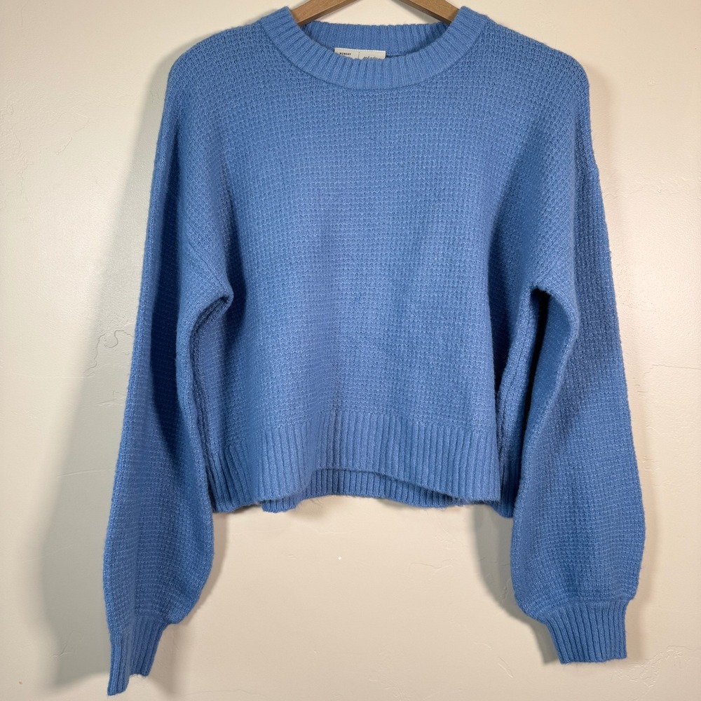 Saturday Sunday Anthropologie Blue Puffy Sleeve Cropped Sweater Med Waffle Knit